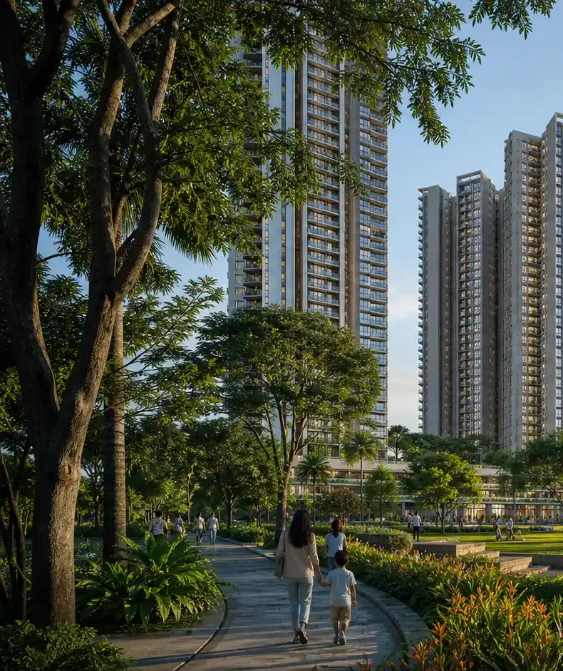 A family on a tree-lined garden walk below the towers