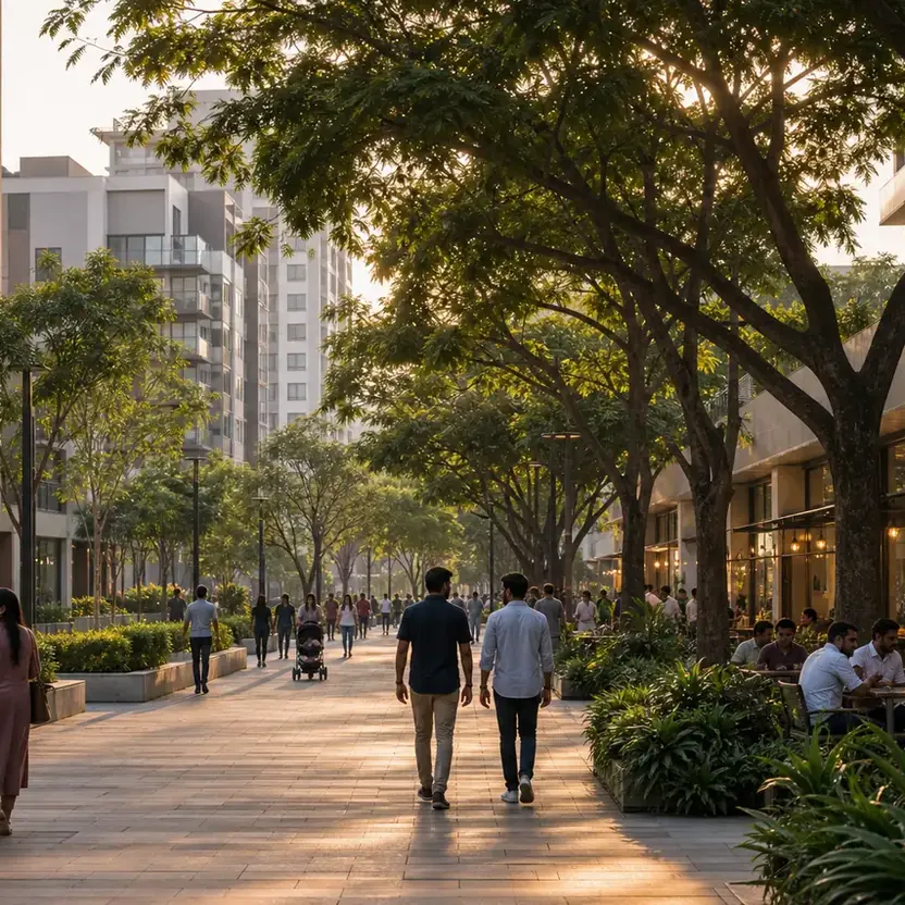 My Home Hoskote, artistic impression A landscaped promenade with cafés and shops under the trees