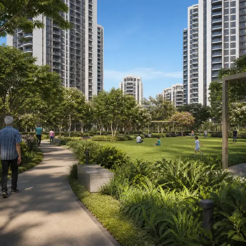 My Home Hoskote, artistic impression A green open space with a lawn and planted walks between the towers