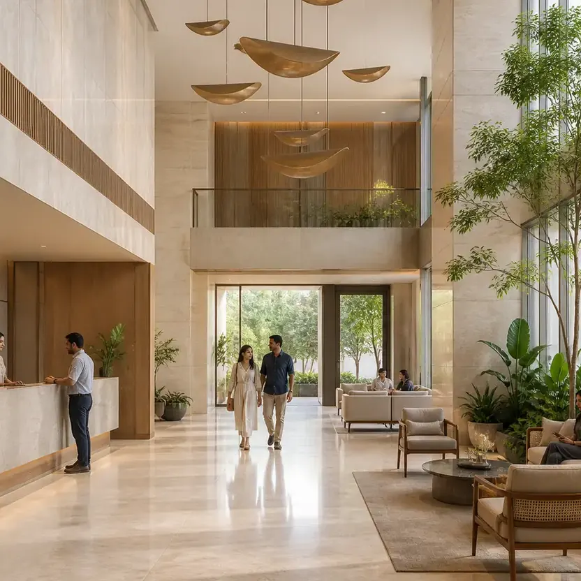 My Home Hoskote, artistic impression A double-height residential lobby with a lounge and a reception desk