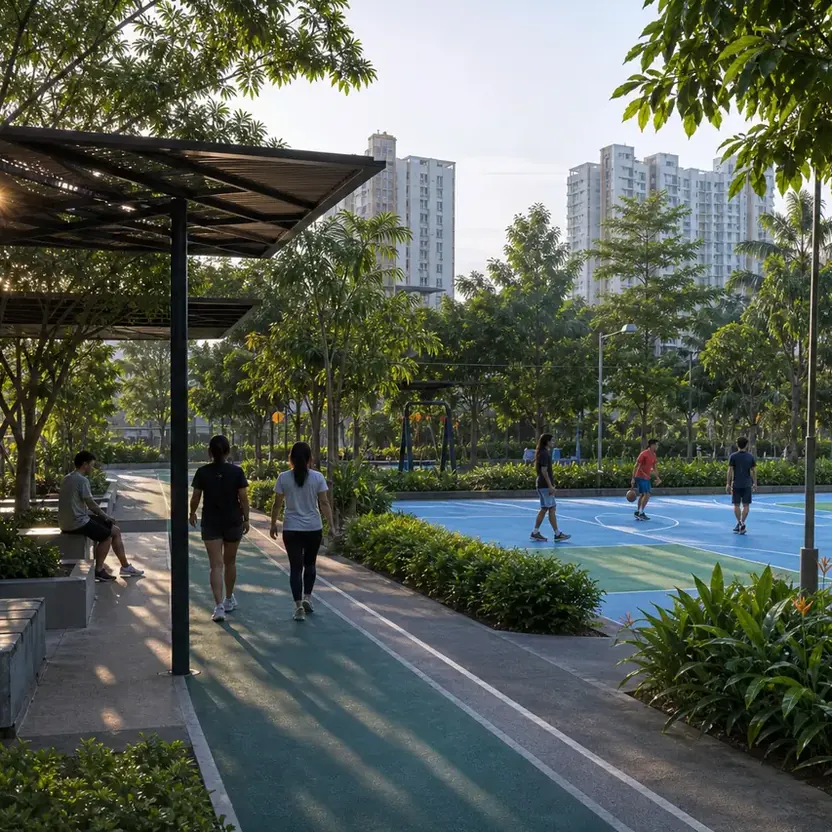 My Home Hoskote, artistic impression A recreation space with a sports court and a shaded walking track