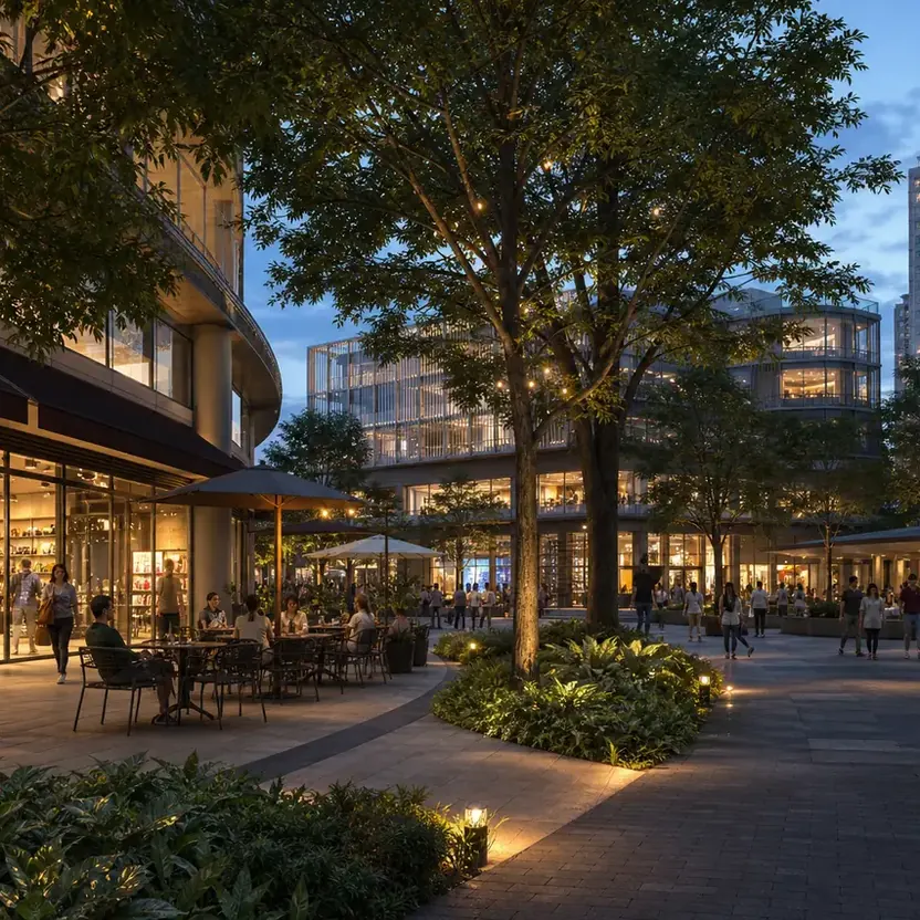 My Home Hoskote, artistic impression A retail plaza with café seating and shopfronts in the evening